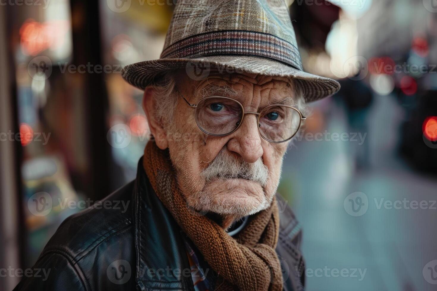Senior man wearing hat and scarf posing in an urban environment photo