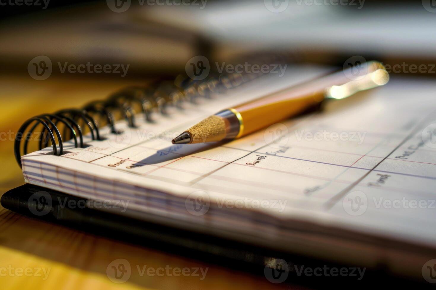 Spiral notebook lying on desk with pen resting on top photo
