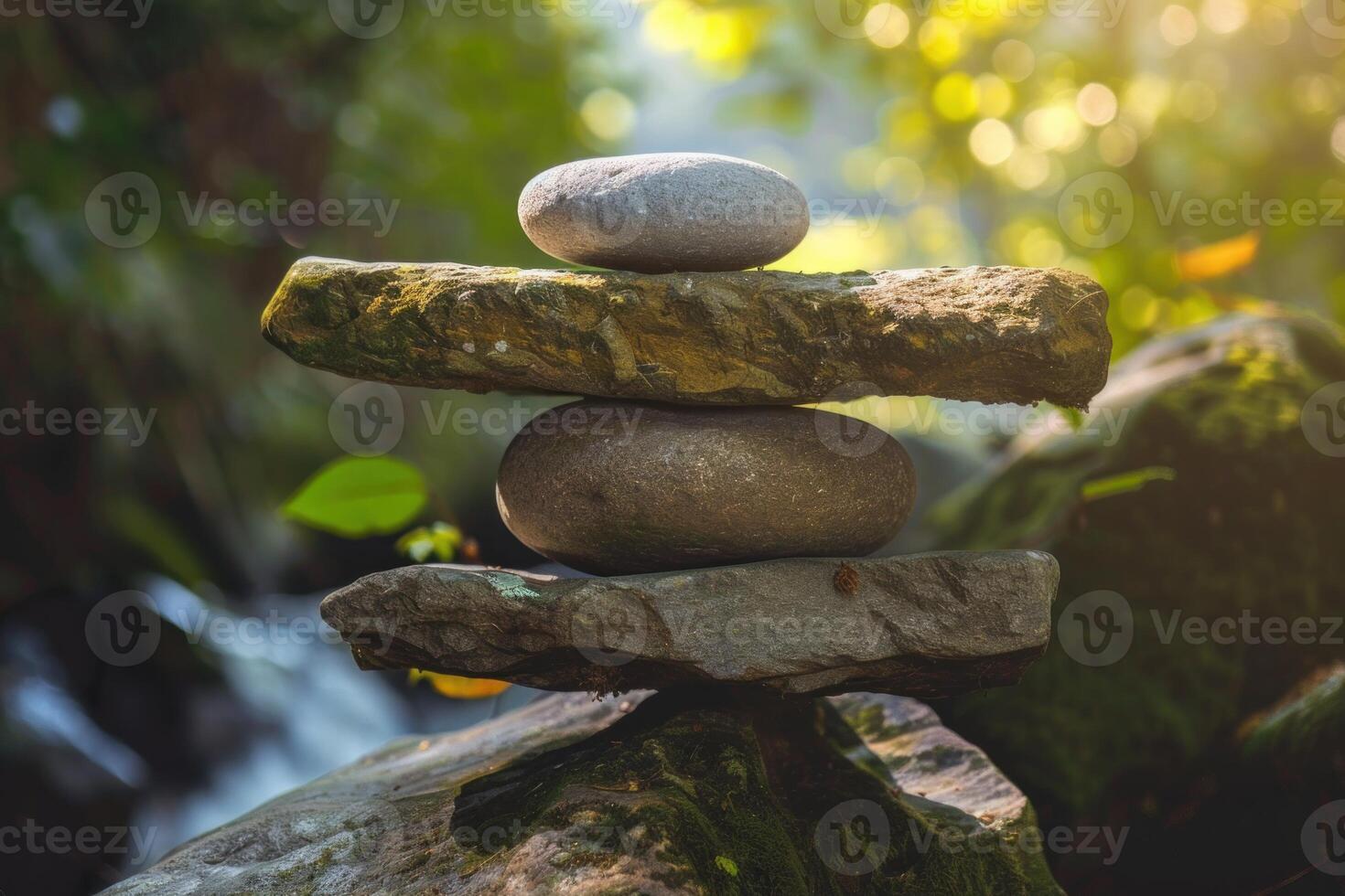 Stack of zen stones balancing on rock in tranquil forest setting photo