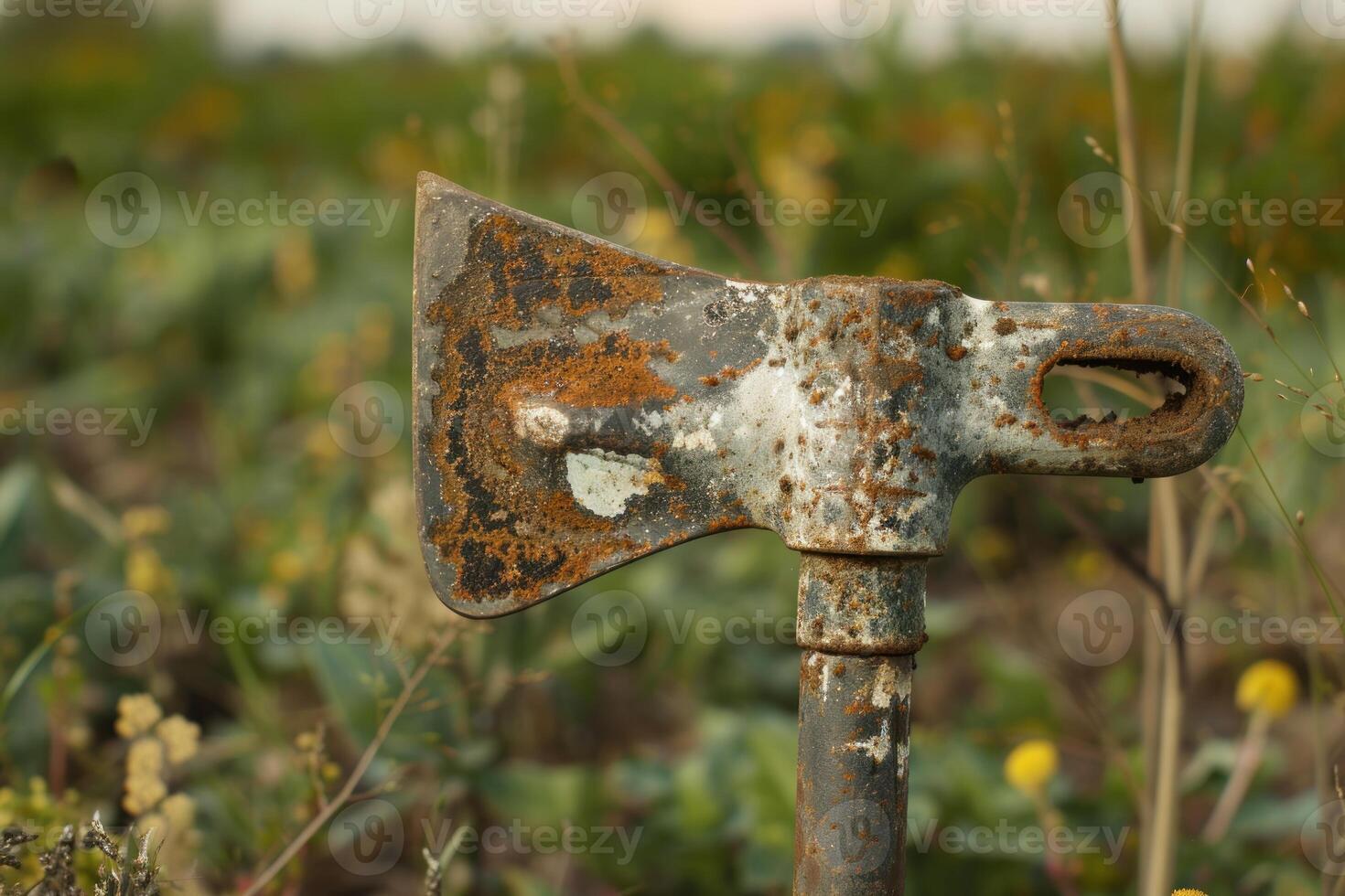 Rusty axe standing in the middle of a field photo