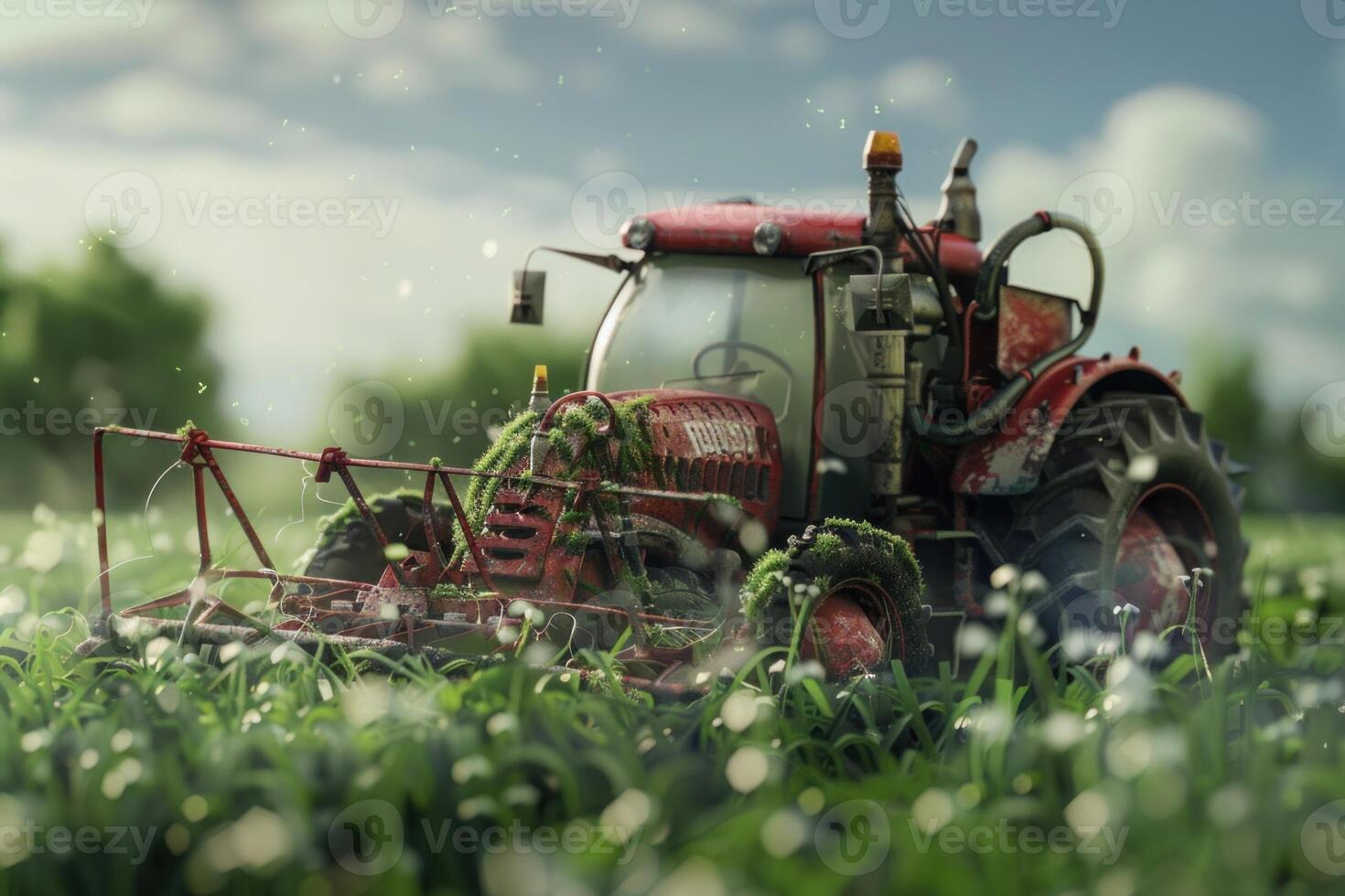 Old red tractor being reclaimed by nature in a field photo