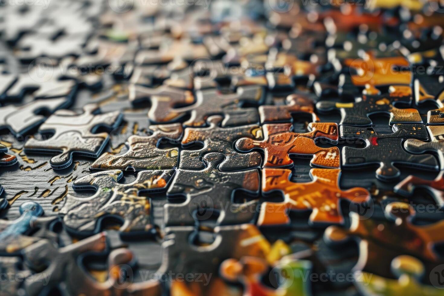 Close up of puzzle pieces being connected on a table photo