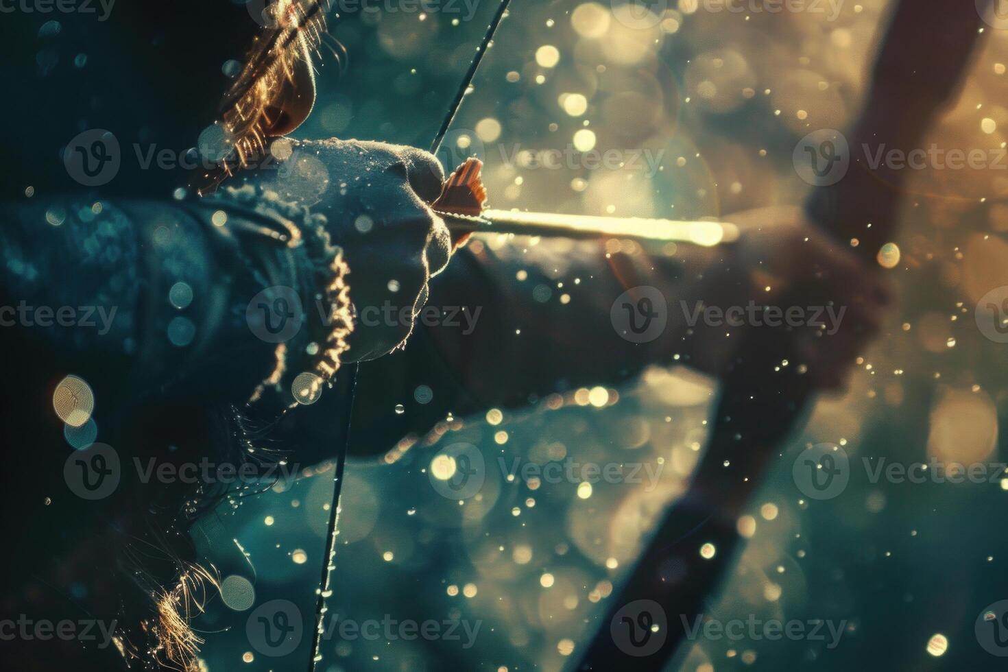 Archer taking aim with bow and arrow in magical forest photo
