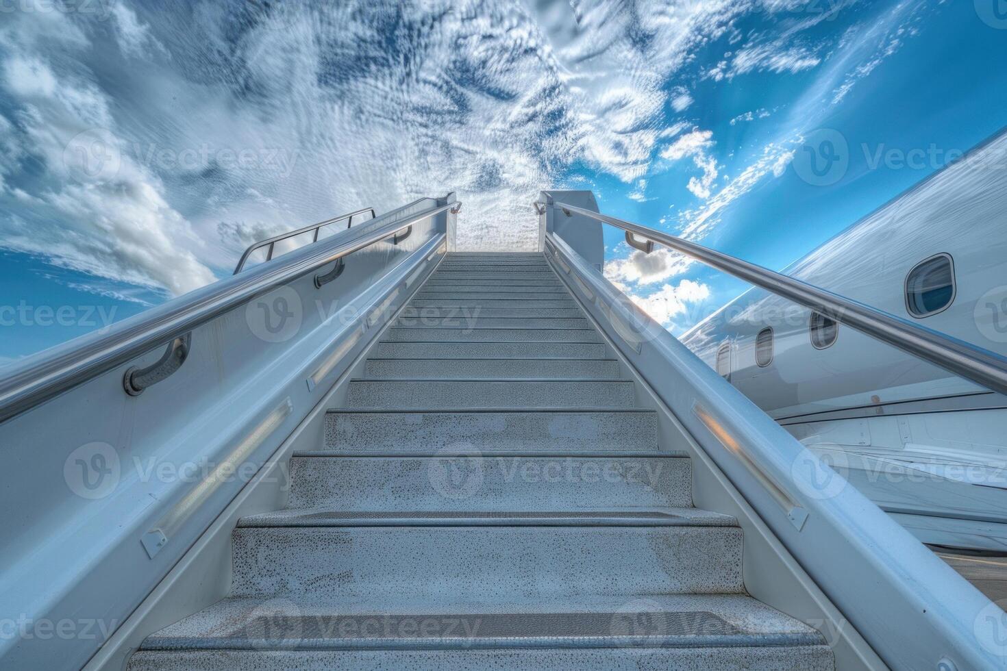 Stairway leading to private jet under cloudy sky photo