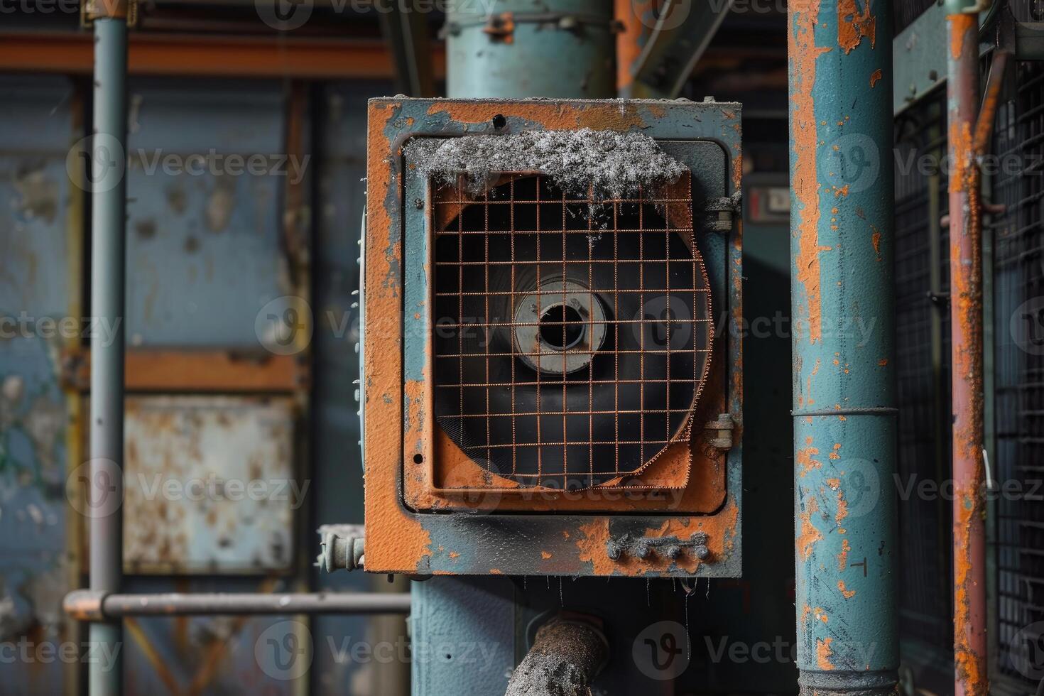 Old rusty industrial fan covered with dust and cobwebs photo