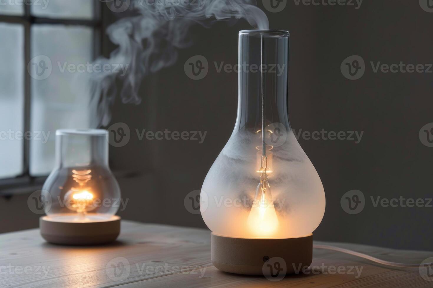 Modern table lamp diffusing aromatic smoke in a cozy interior design photo