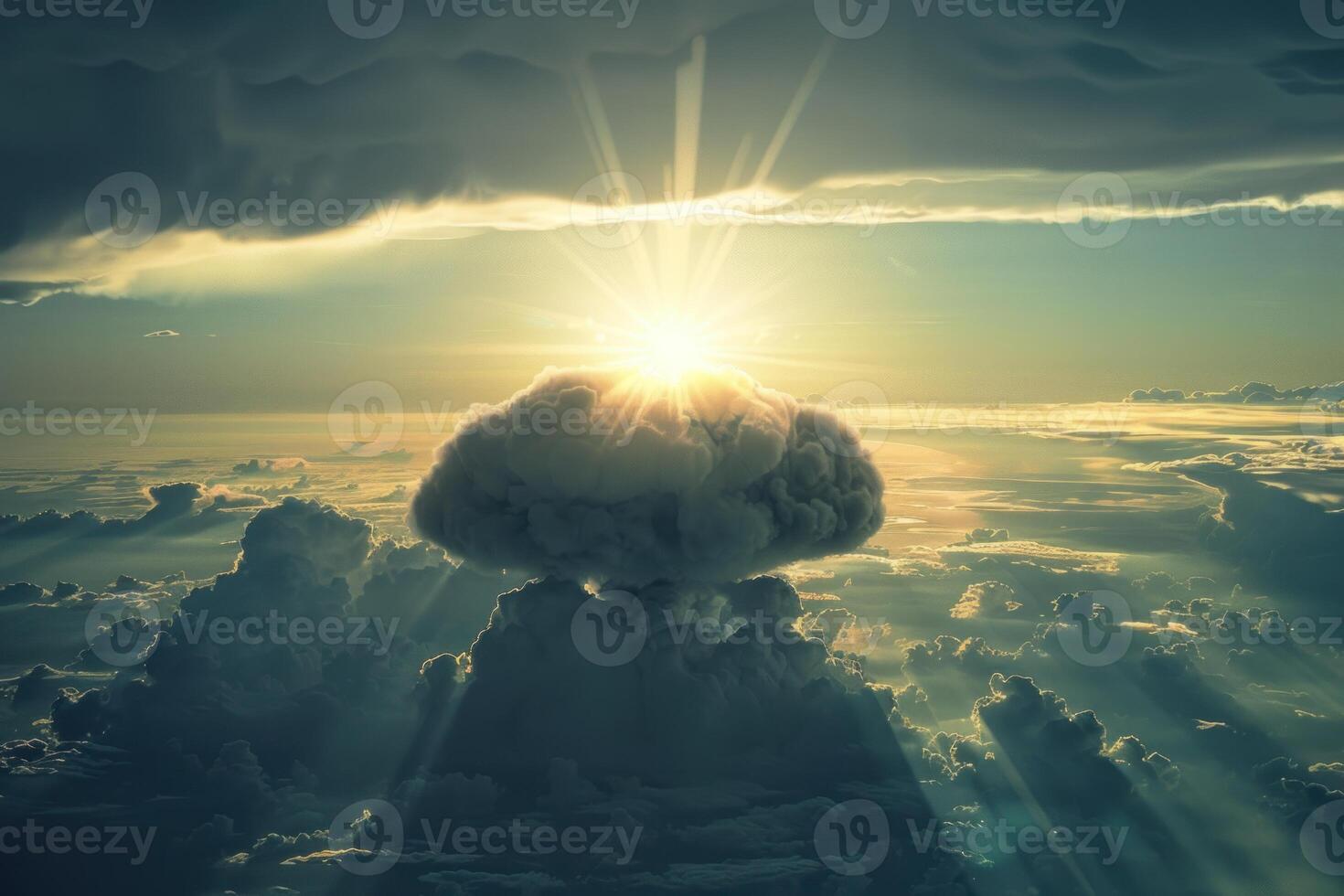 Sun shining through a single cloud over a vast cloudy landscape photo