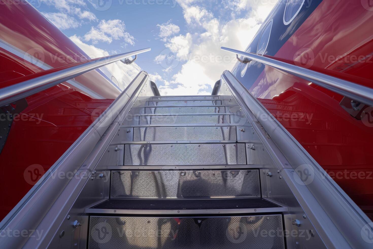 Boarding stairs leading to a private jet under blue sky photo
