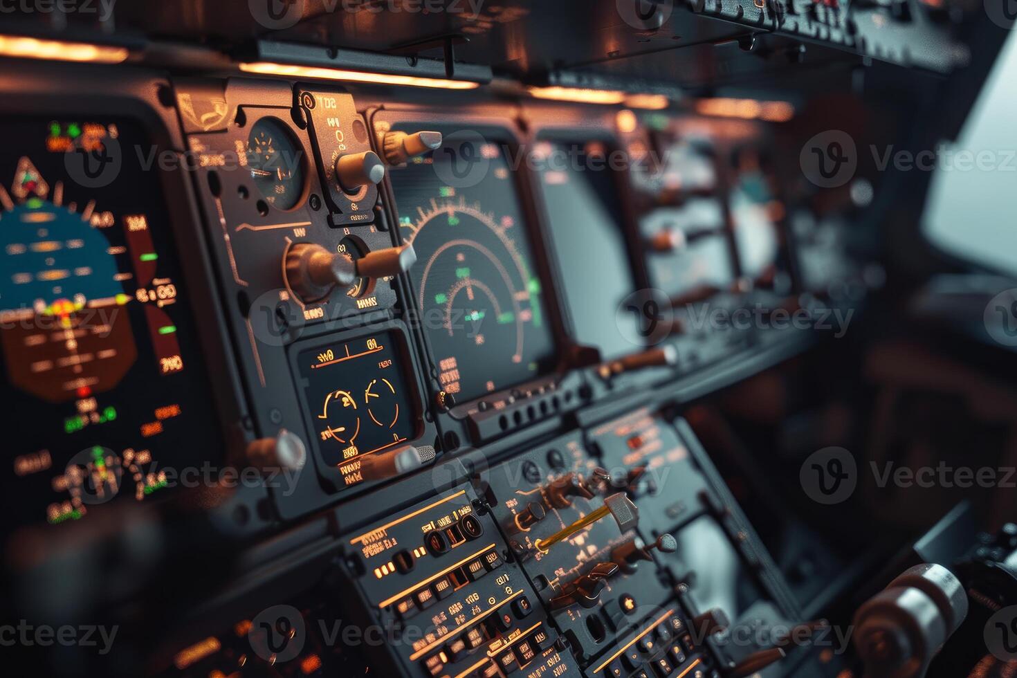 Airplane cockpit control panel showing flight data during flight photo