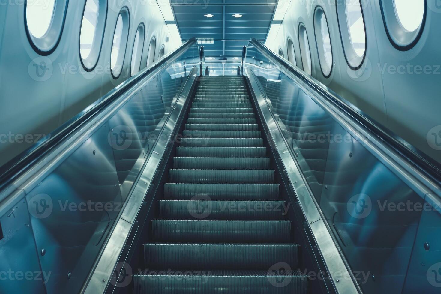 Modern empty escalator going up in building with round windows photo