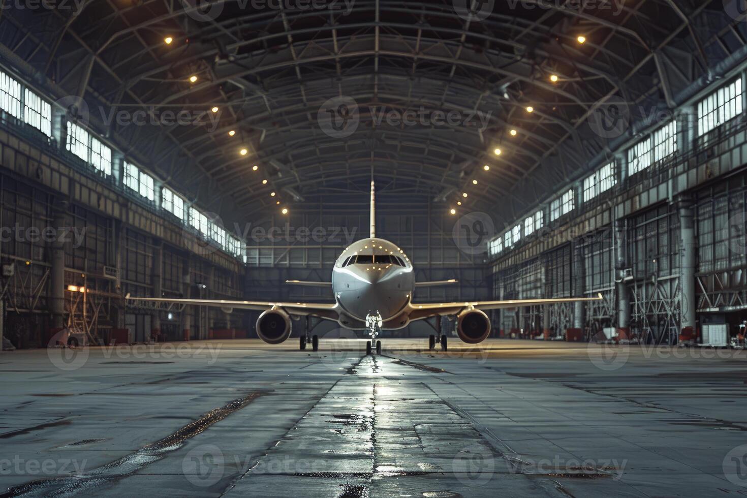 Modern passenger airplane standing inside maintenance hangar photo