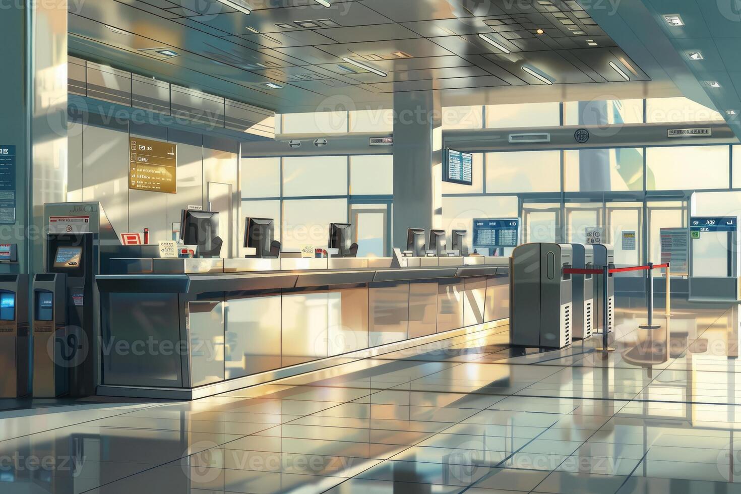 Sun shining on a row of empty airport check in counters photo