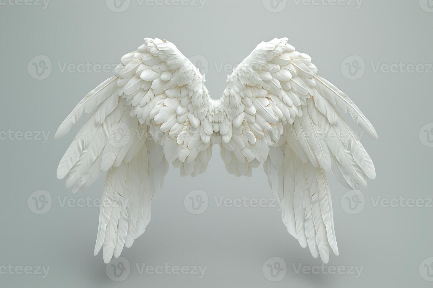 Majestic white angel wings spread open on a light background photo