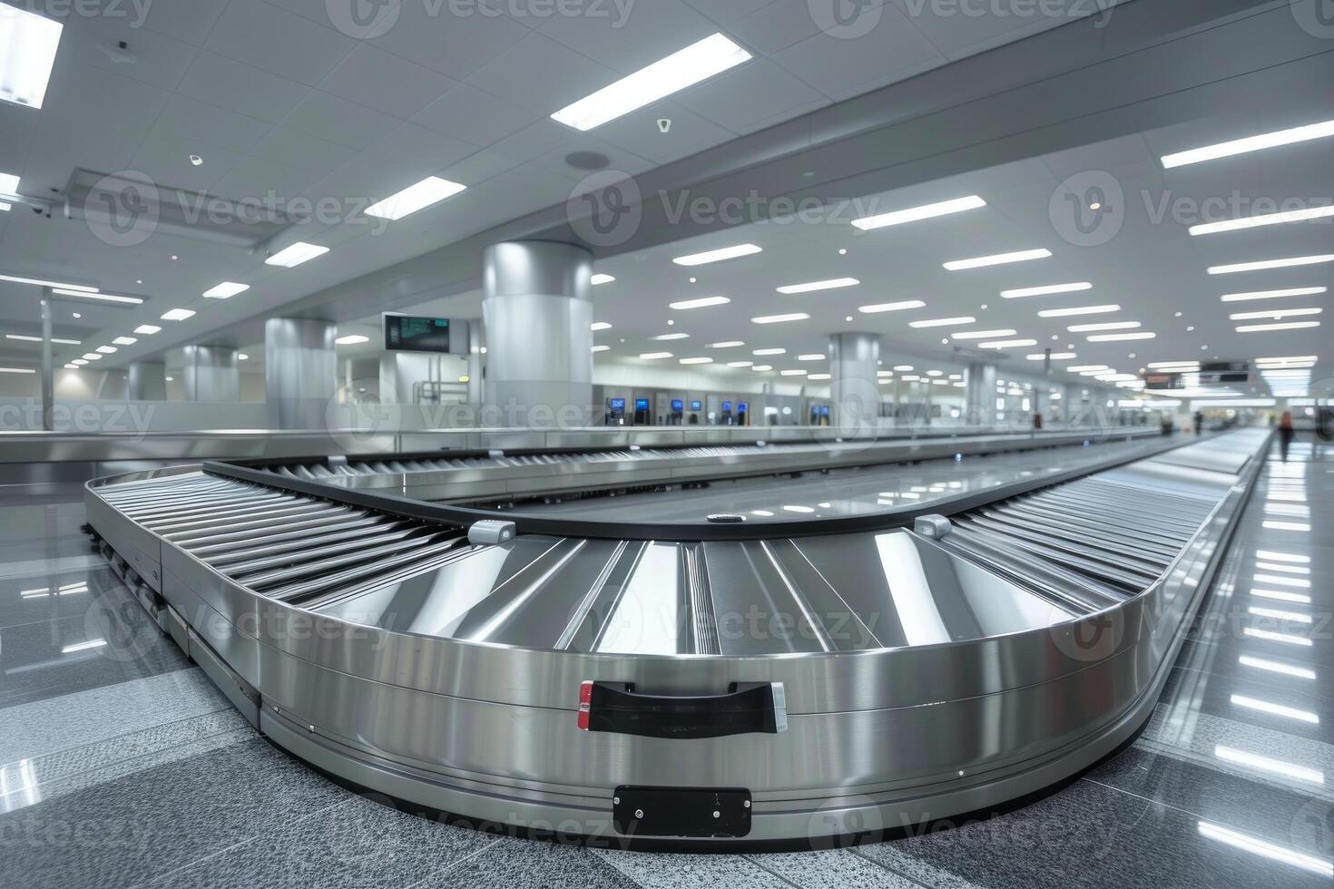 Empty airport baggage claim conveyor belt winding through a modern building photo