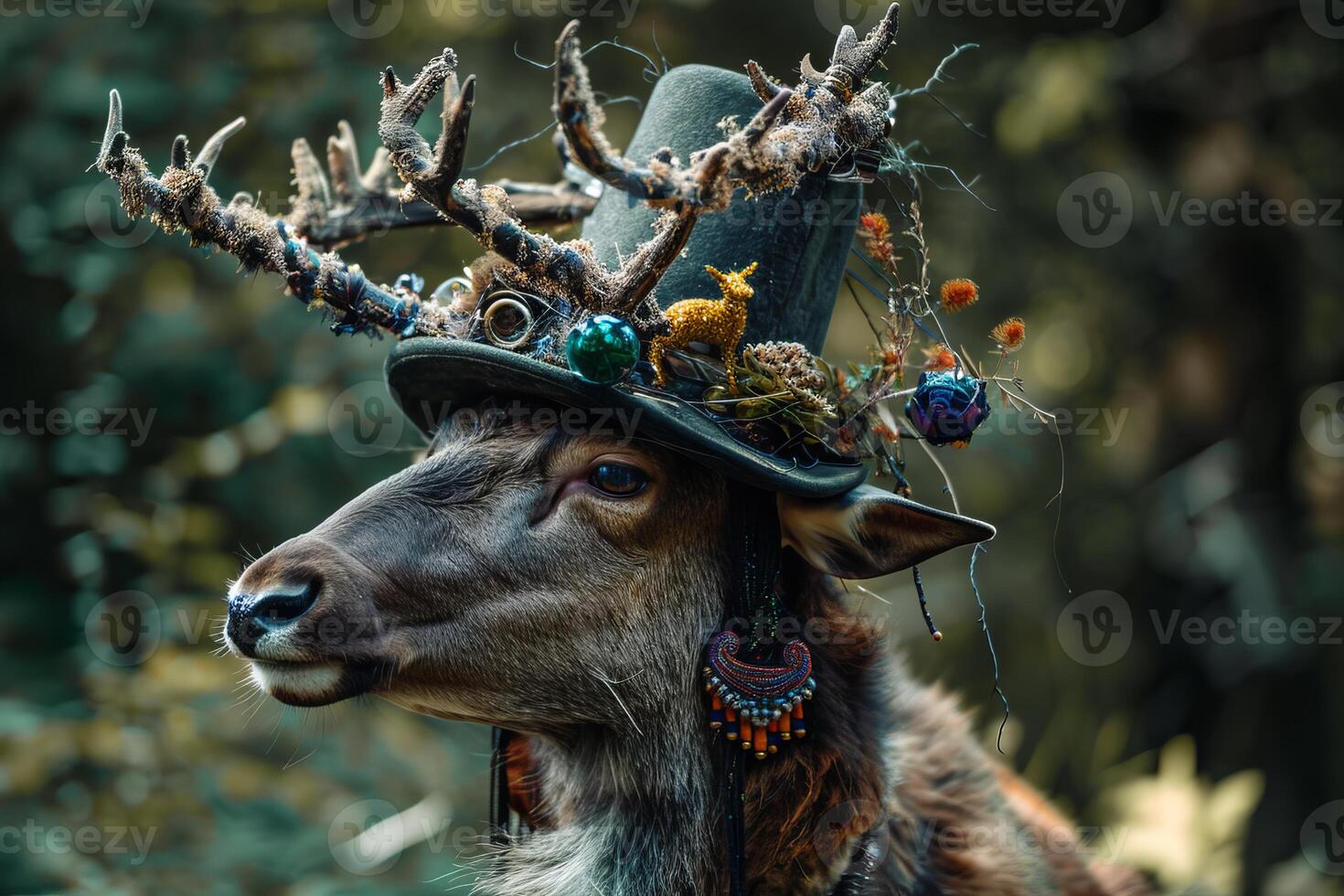 Deer wearing an extravagant hat with antlers in a forest photo