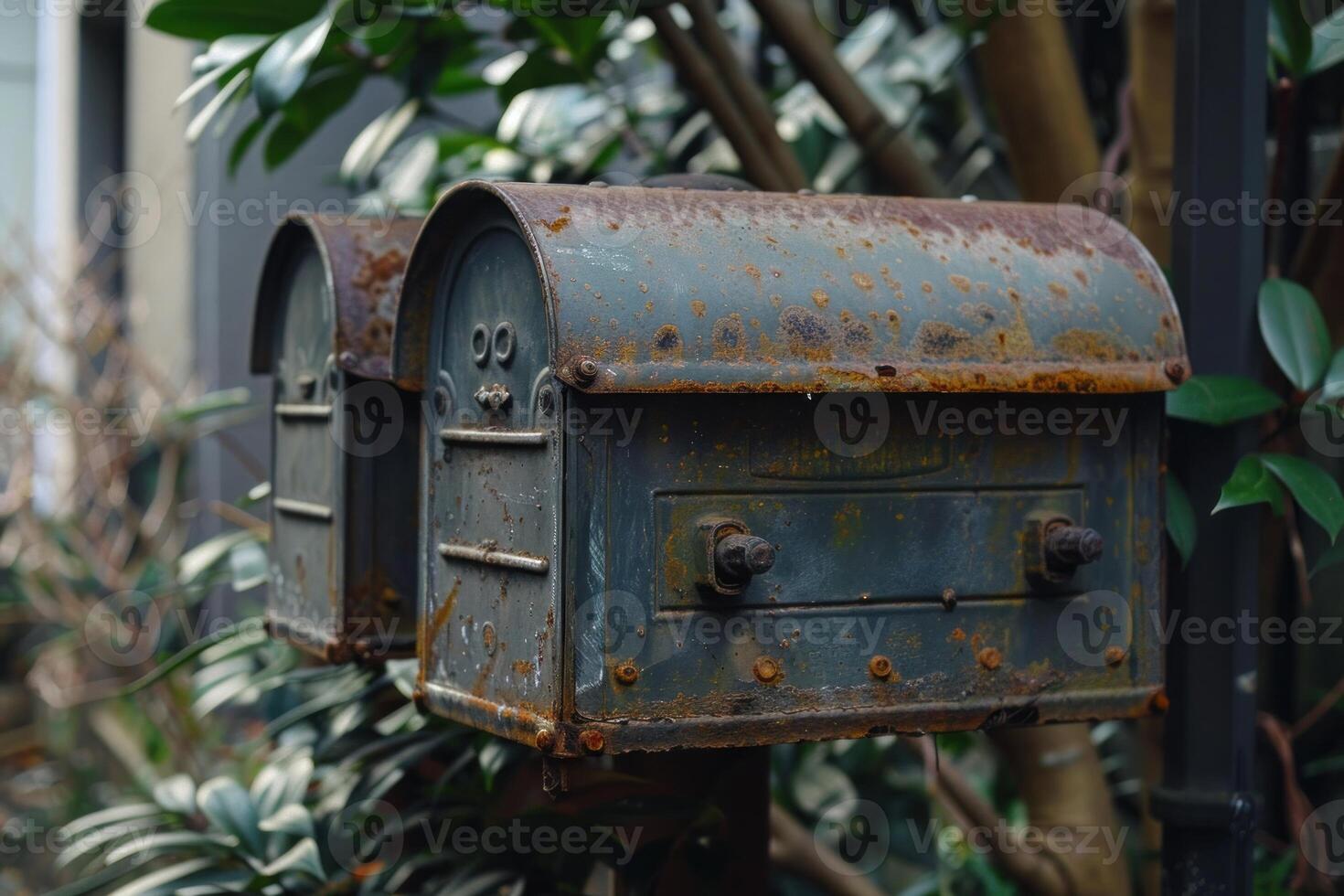 Two old rusty mailboxes showing their age and wear photo