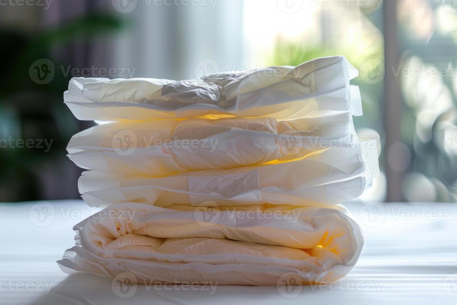 Stack of clean and new baby diapers lying on changing mat photo