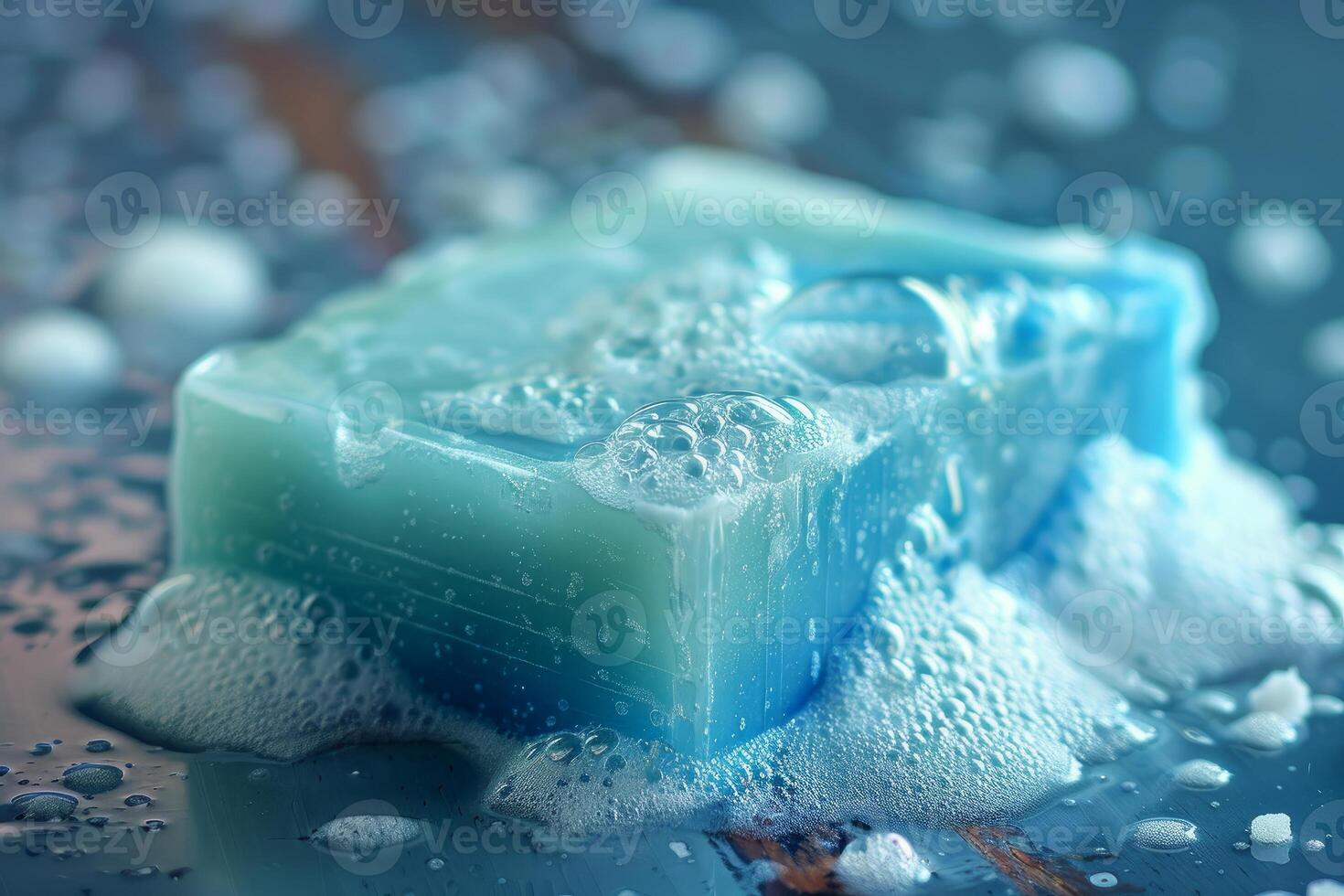 Blue soap bar covered with bubbles is lying on wet surface photo