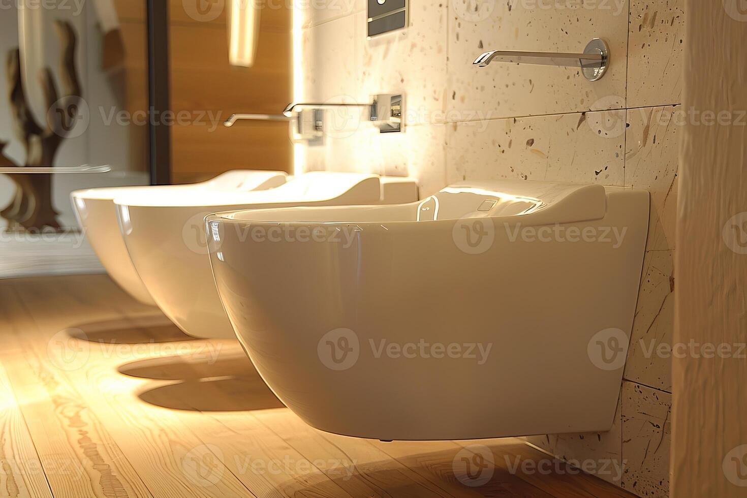 Row of modern white ceramic bidets in a bathroom photo