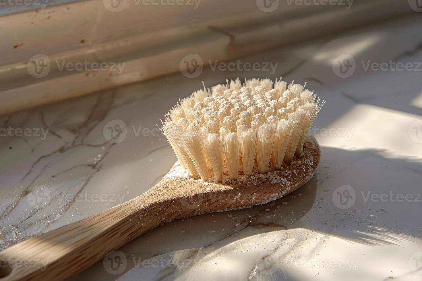 Wooden bath brush lying on marble countertop in sunlight photo