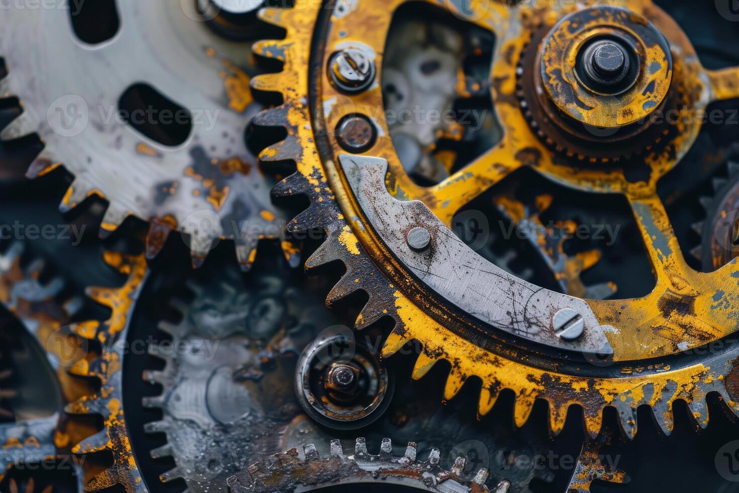 Closeup of old rusty gears interlocking and forming a mechanism photo