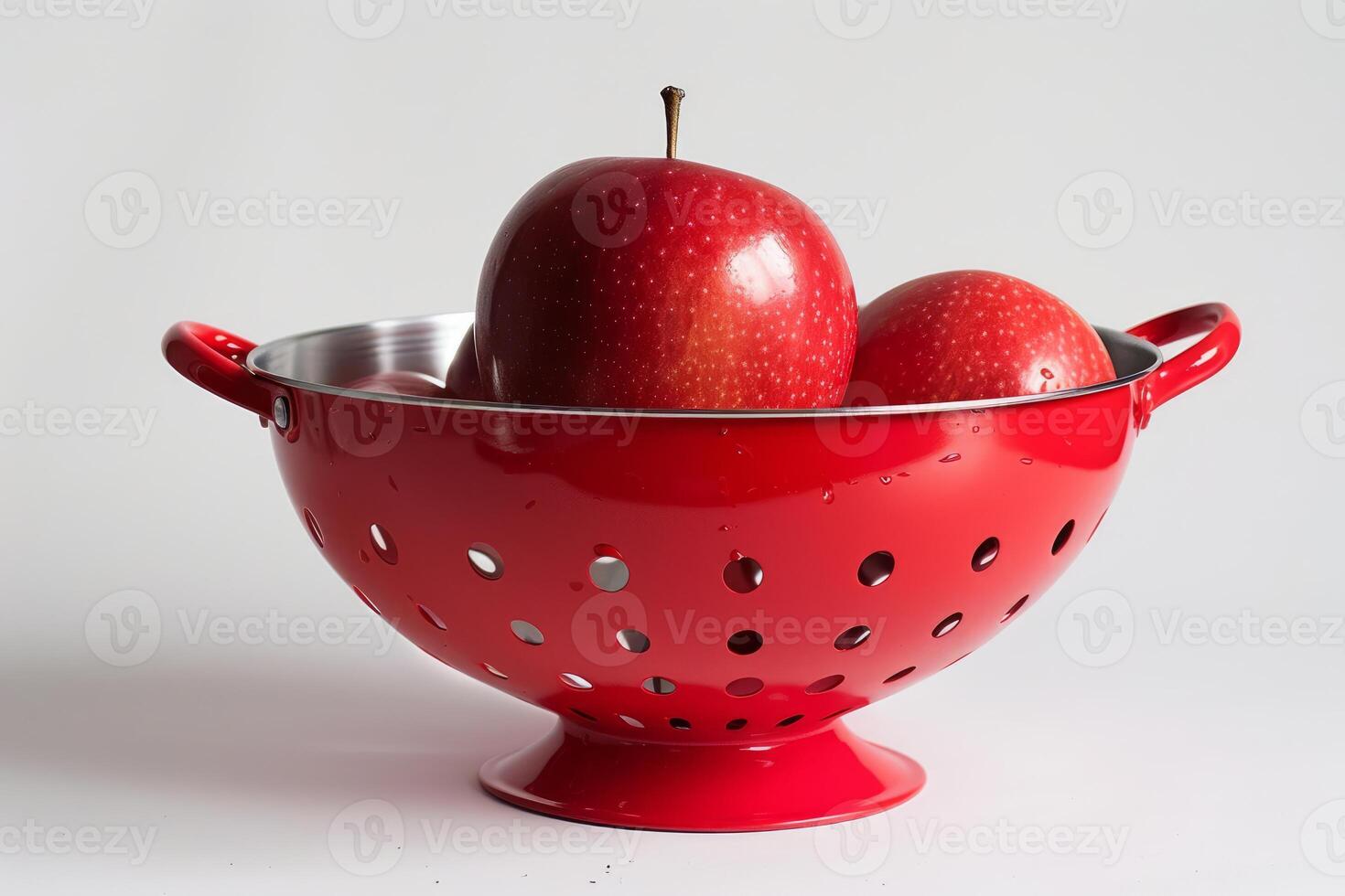 Red apple sitting in red colander on white background photo