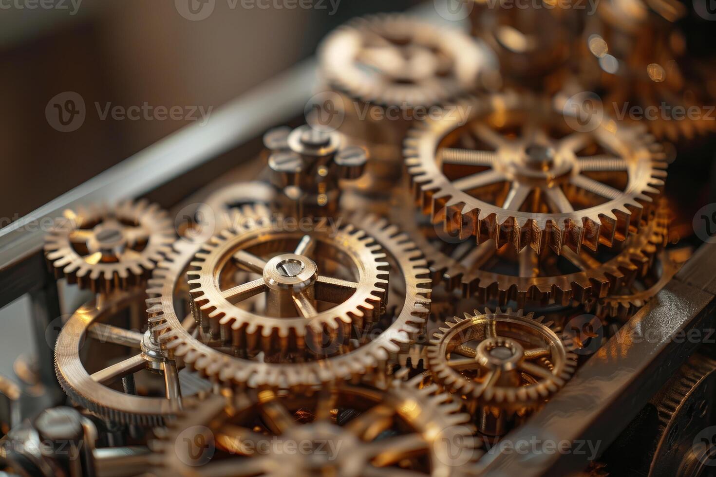 Clockwork mechanism with interlocking gears working close up photo