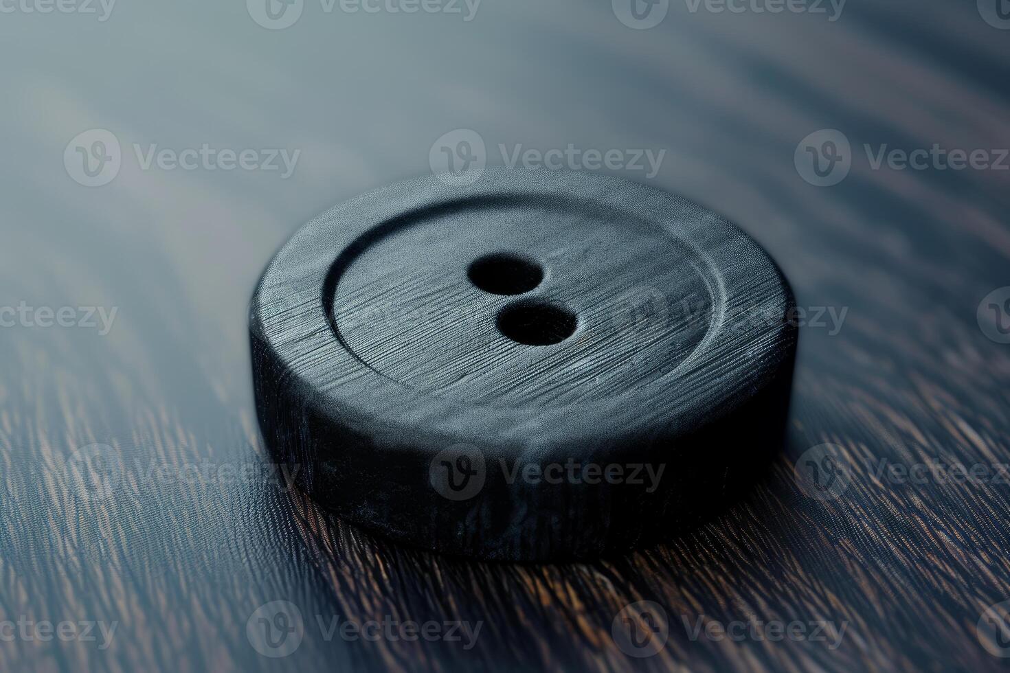 Large black button resting on a dark wooden surface photo