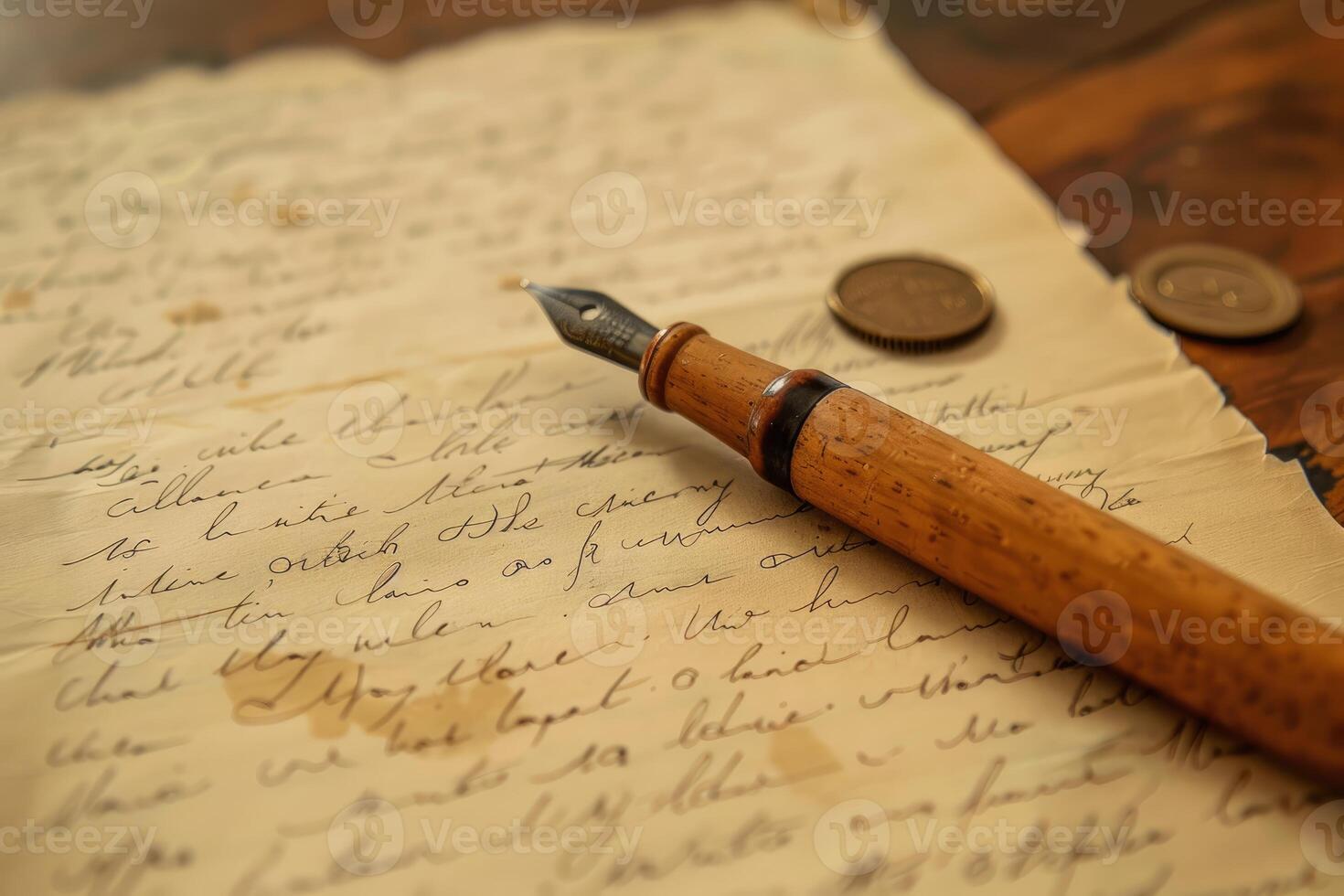 Vintage wooden fountain pen lying on aged paper with handwritten cursive script and coins photo