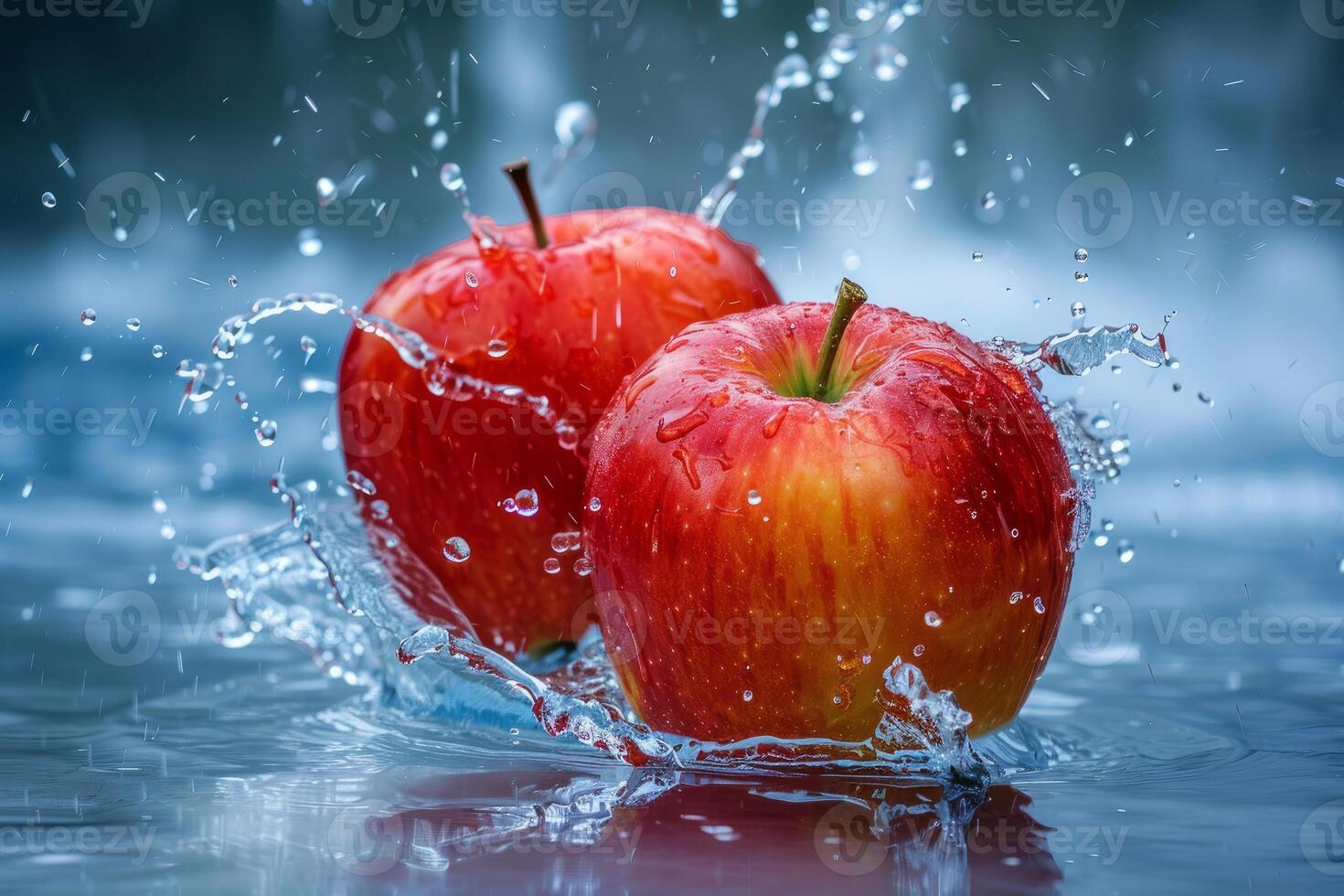 Two ripe red apples splashing into water creating a refreshing burst photo