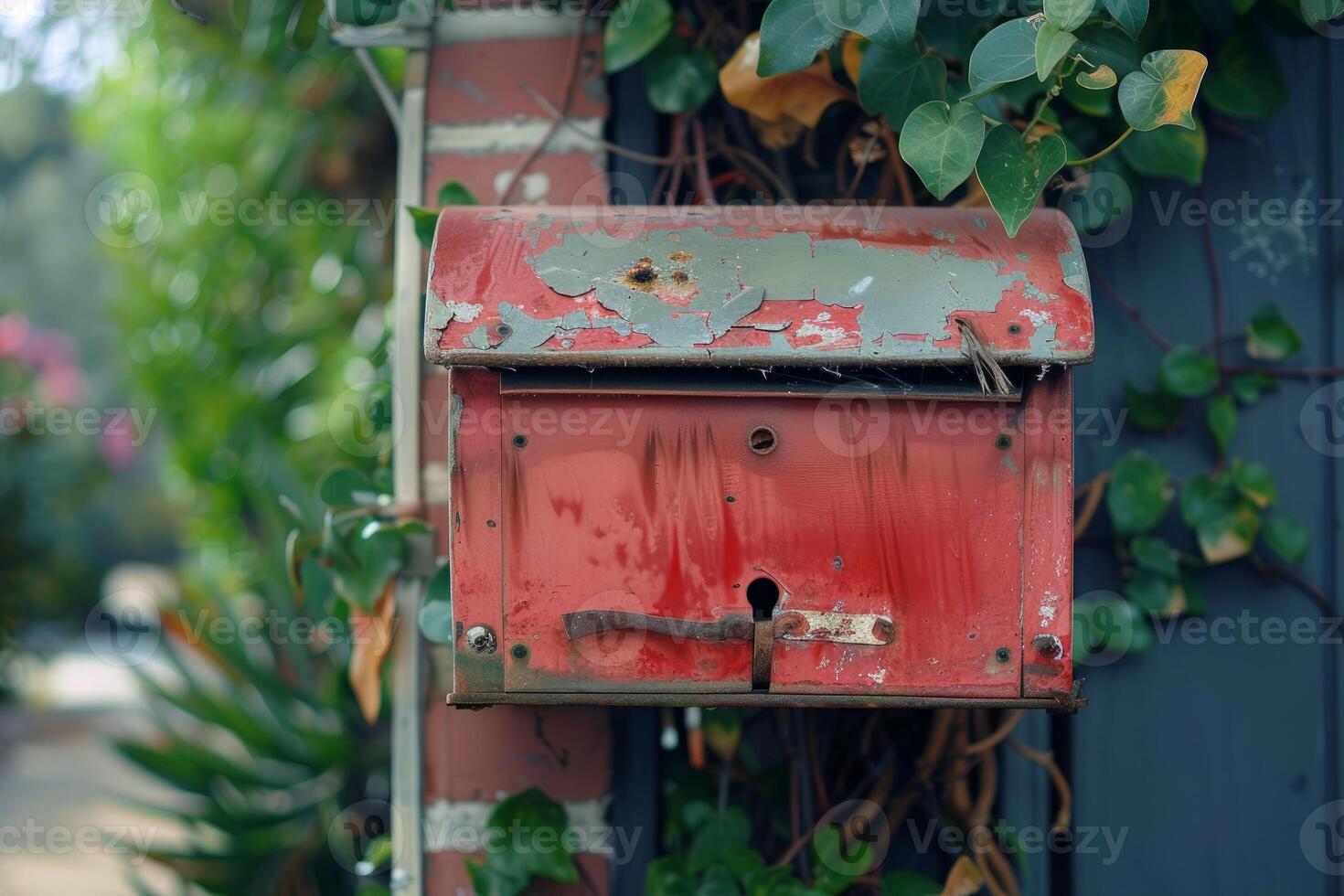 Old red mailbox hanging on a brick wall is showing its age photo
