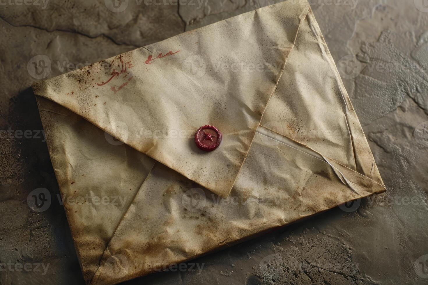Old paper envelope with red wax seal lying on desk photo
