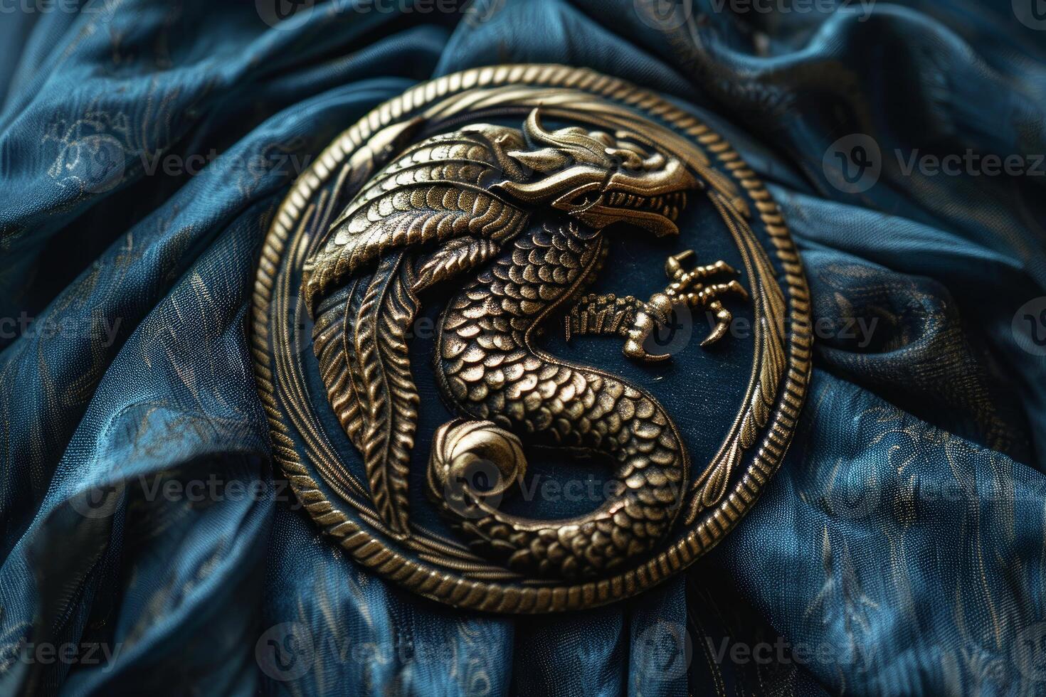 Golden dragon brooch emblazoned on blue fabric, embracing fantasy and elegance photo