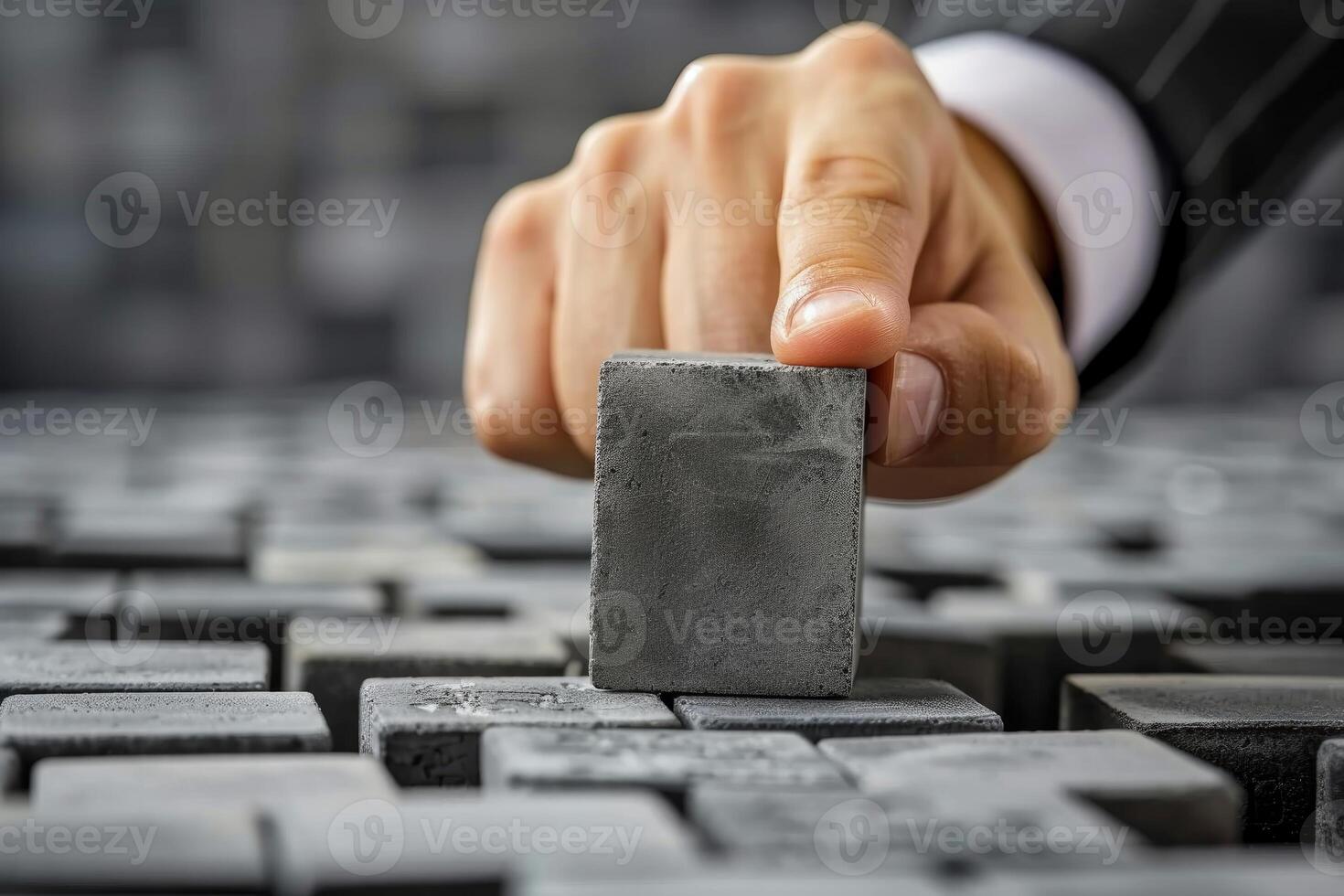Businessman choosing one concrete block from many others photo