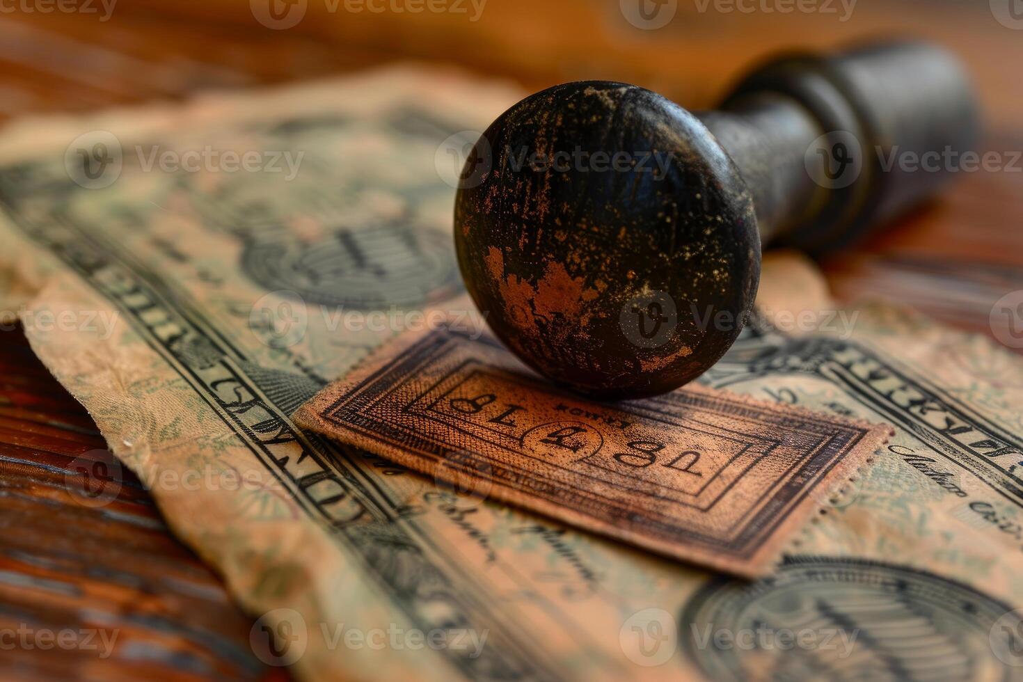Old wooden stamp resting on top of currency and stamps from the past photo