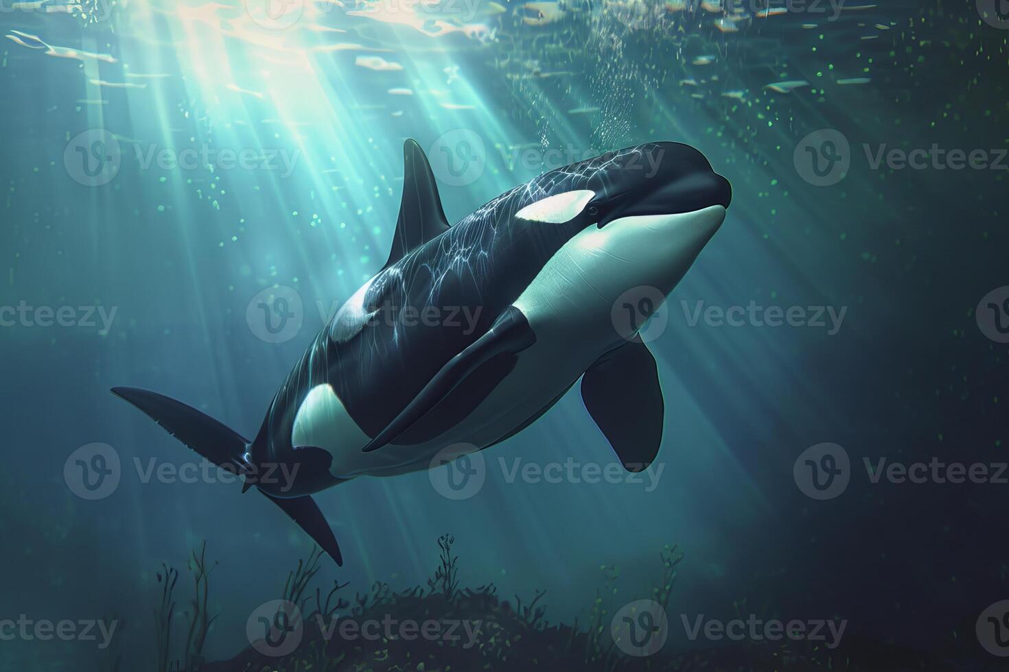 Killer whale swimming in sunrays underwater ocean photo