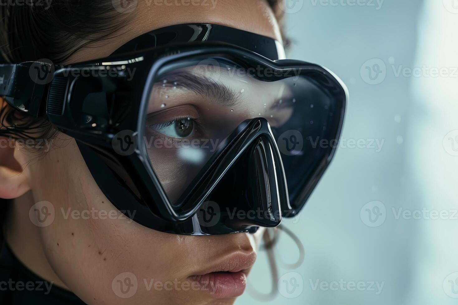 Female scuba diver wearing professional diving mask preparing for underwater exploration photo