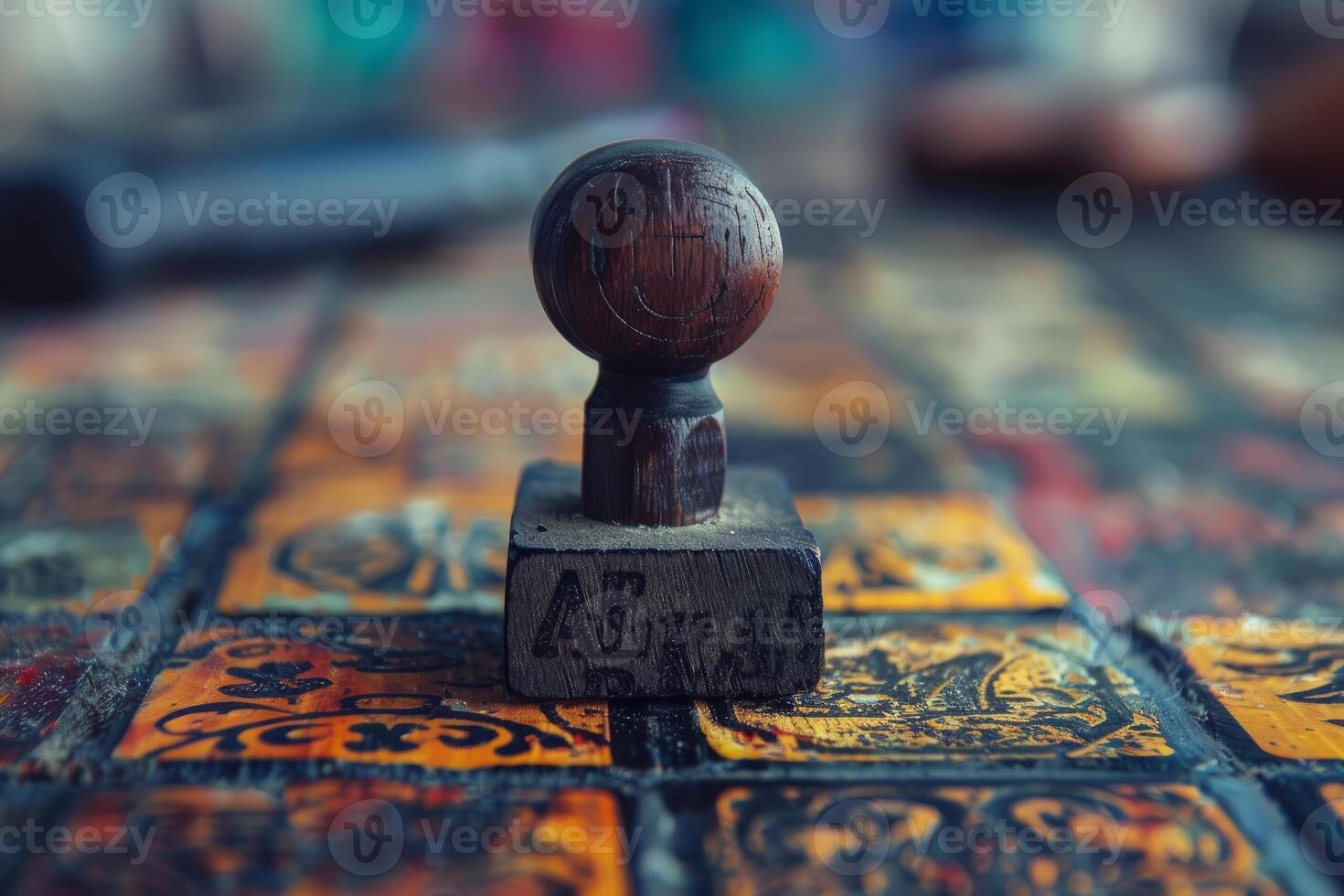 Old wooden printing press standing on tiles with blurred background photo