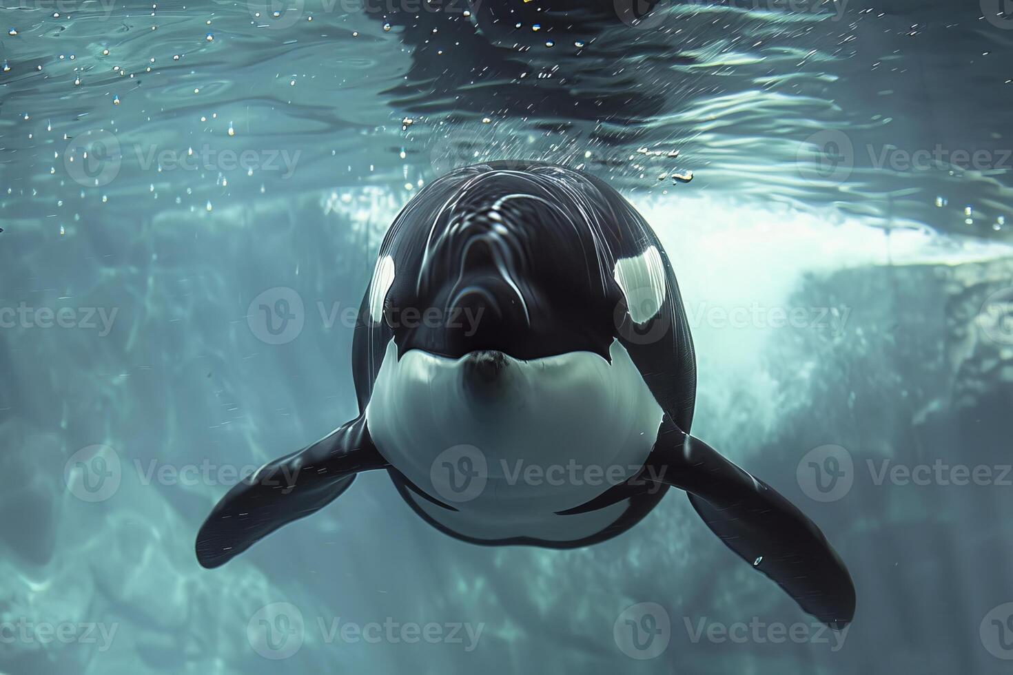 Killer whale swimming in aquarium tank looking at you photo