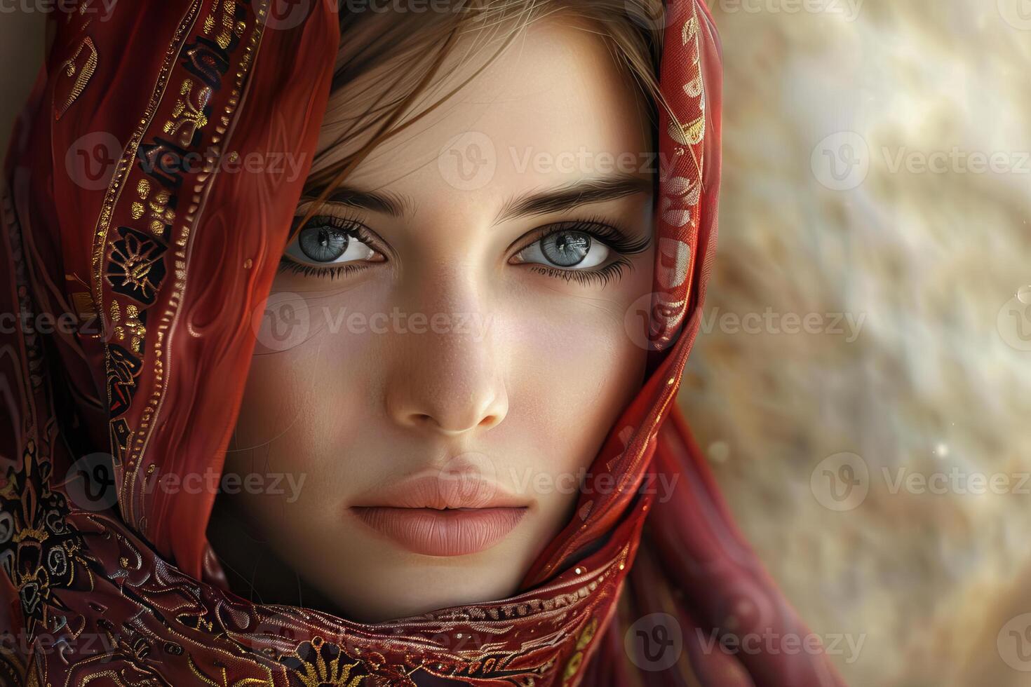 Beautiful young woman wearing a red scarf is looking serious photo