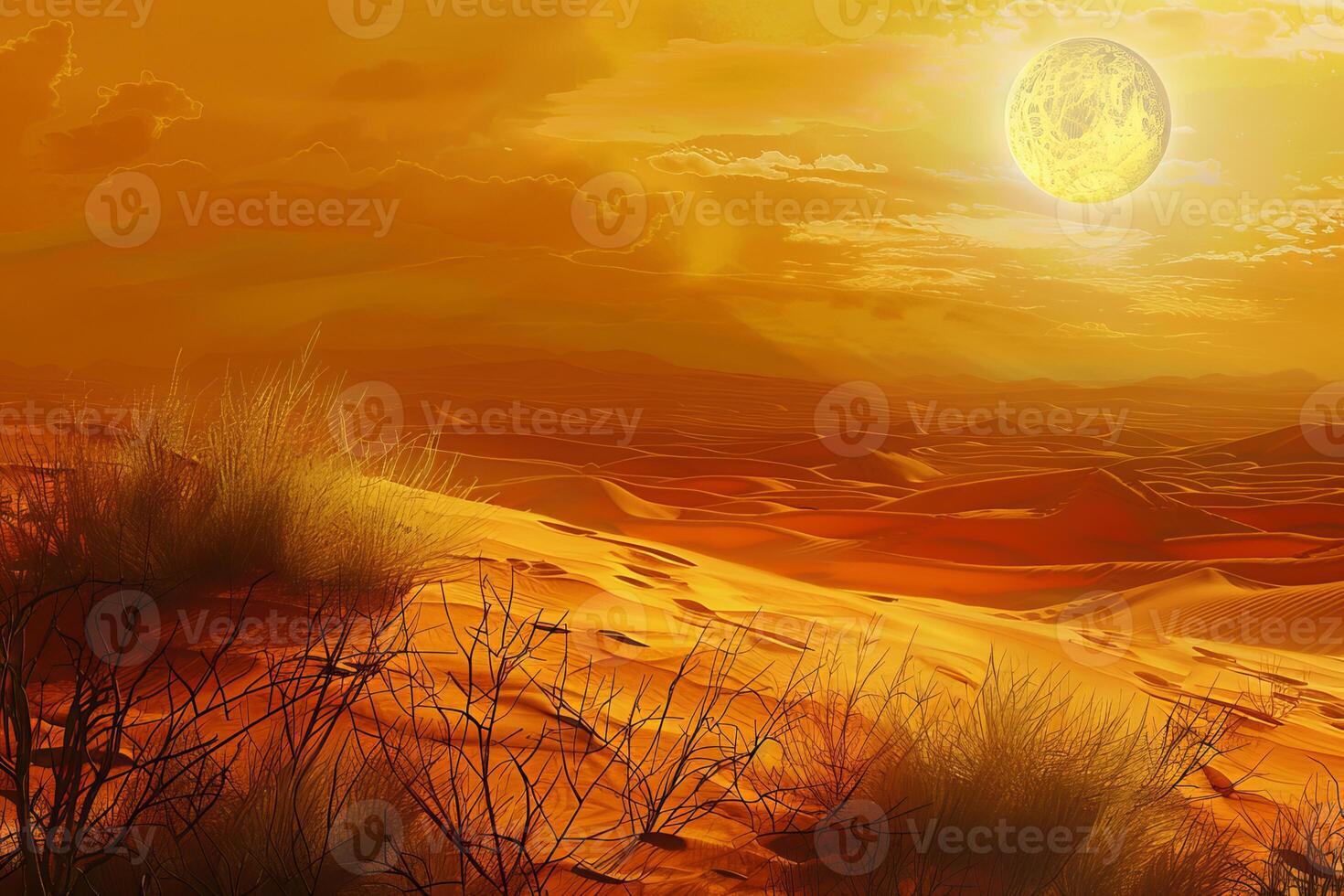 Sun shining over a desert landscape with sand dunes and dry plants photo