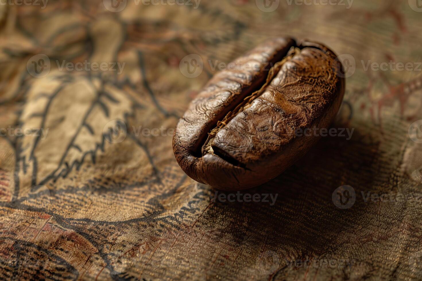 Close up of a coffee bean resting on an antique map photo