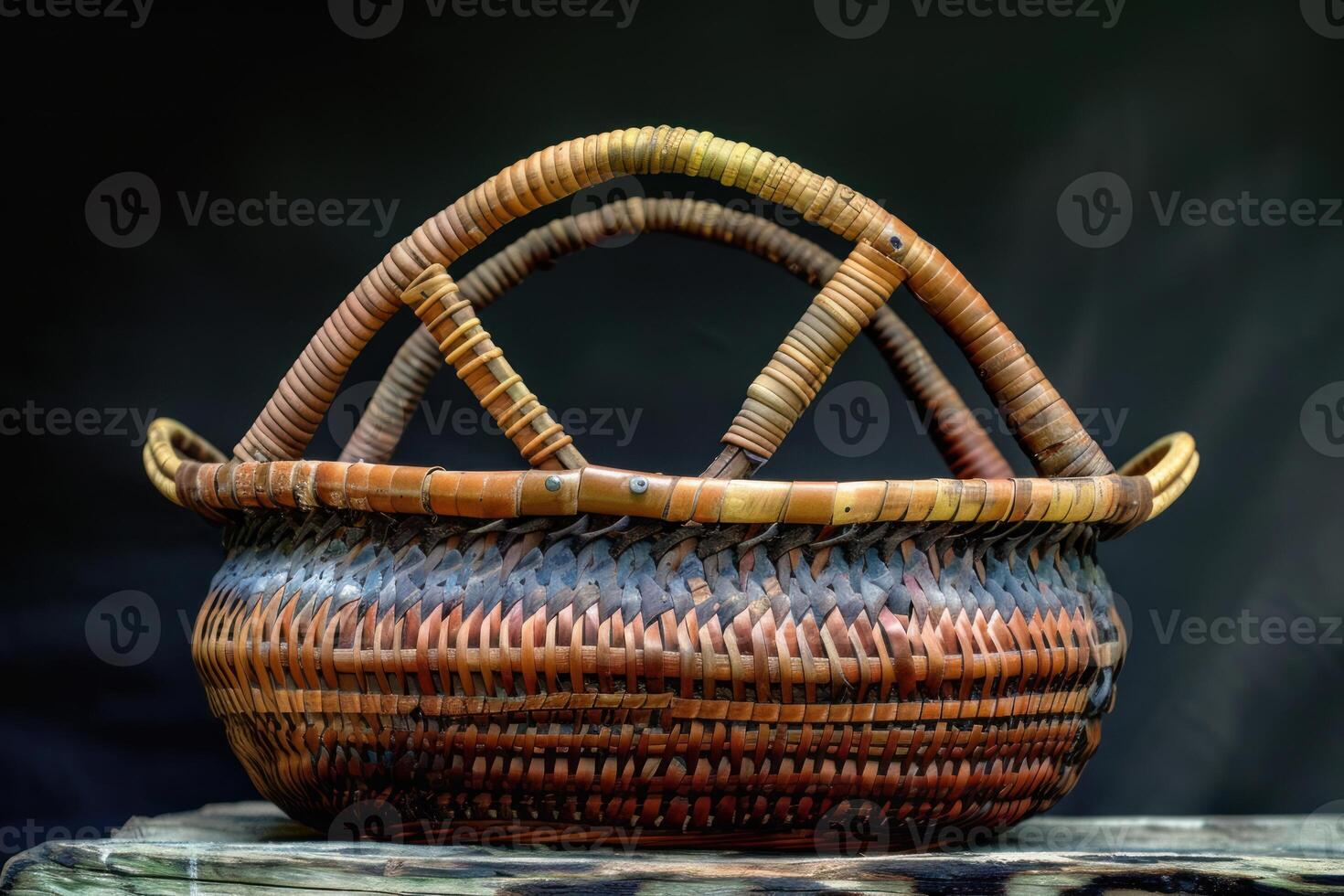 Empty rustic woven basket with arched handle resting on wood photo