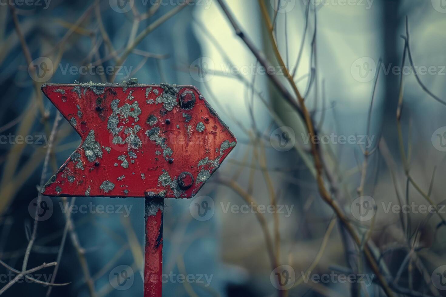 Rusty red sign pointing in forest showing the way photo