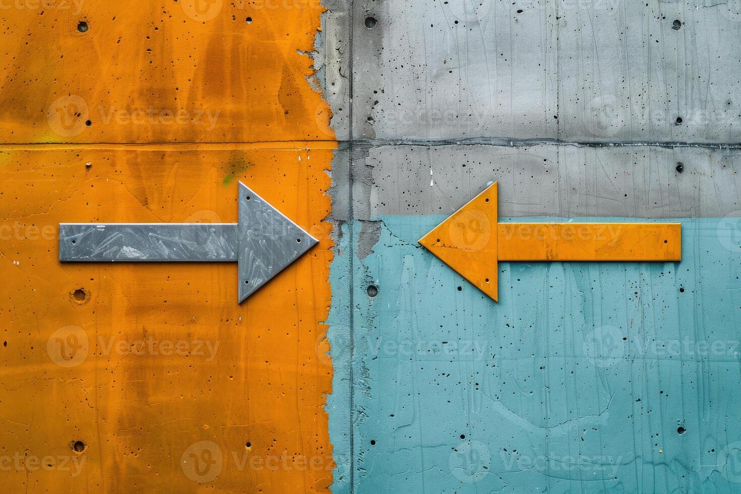 Two opposite arrows pointing different directions on colorful concrete wall photo