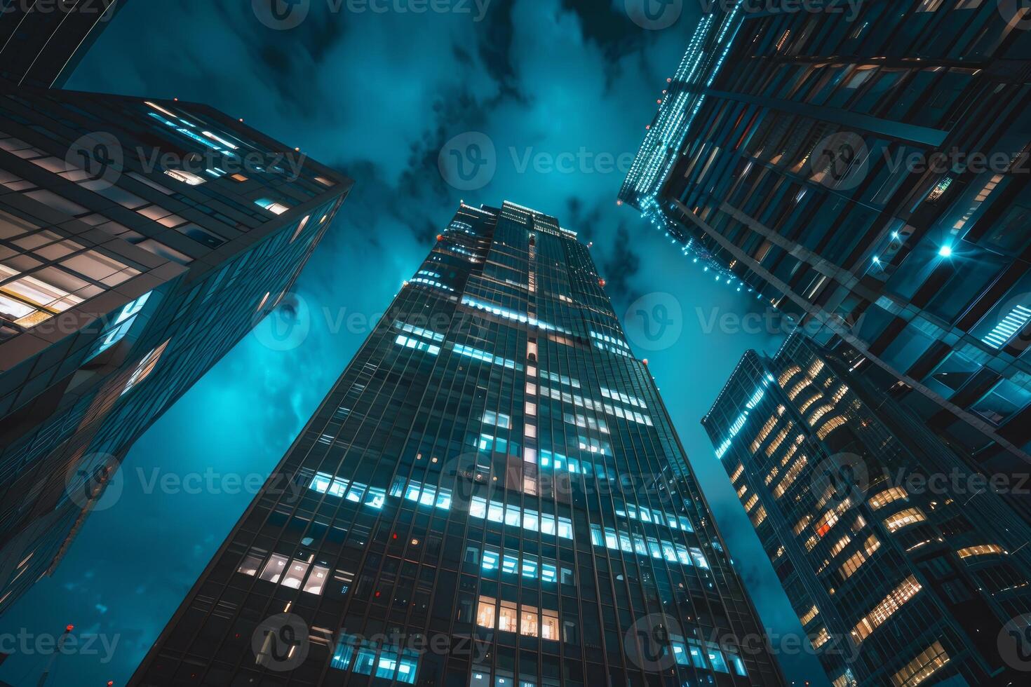 Modern skyscrapers reaching up to the night sky in tokyo japan photo