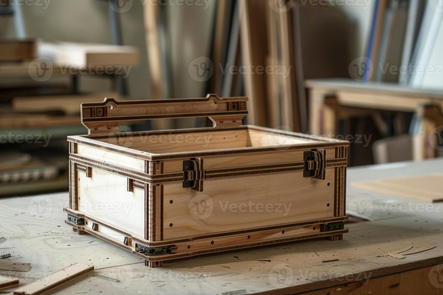 Wooden box being assembled by a carpenter in workshop photo