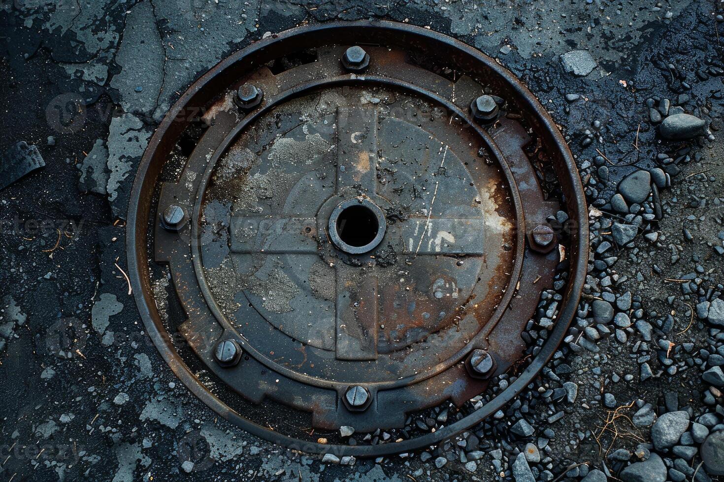 Rusty metal industrial hatch showing through broken asphalt road photo