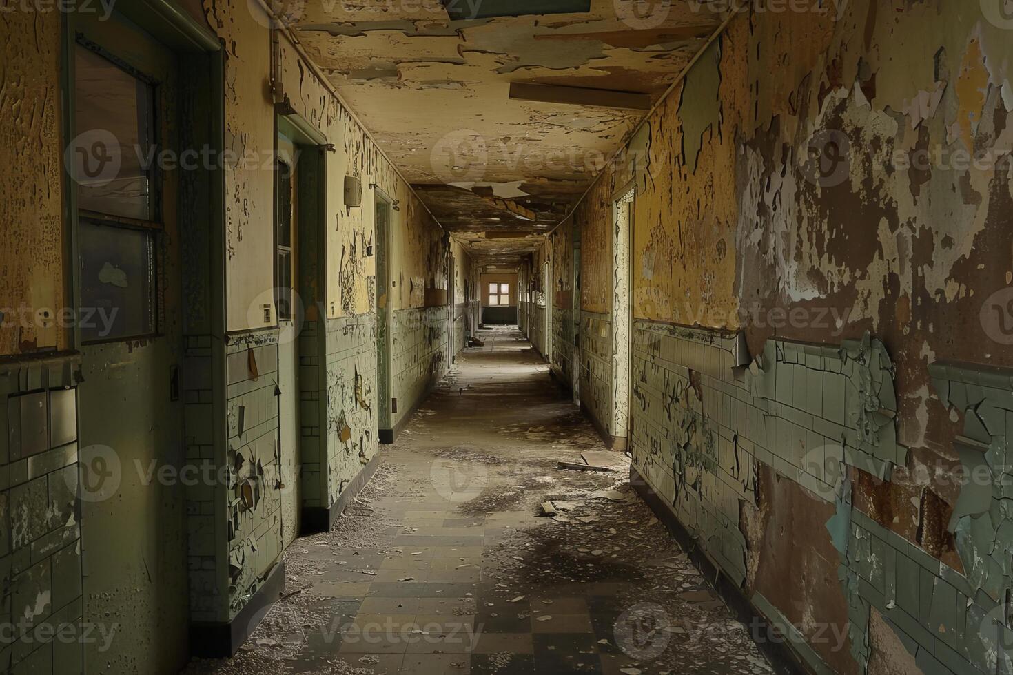 Abandoned hospital hallway decaying showing damage and crumbling walls photo