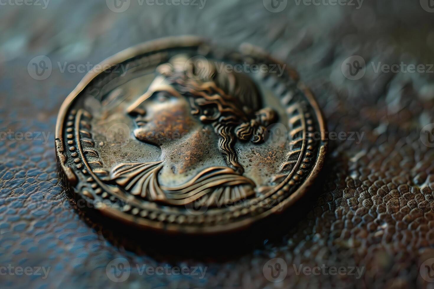Ancient roman bronze coin showing profile of woman on leather surface photo